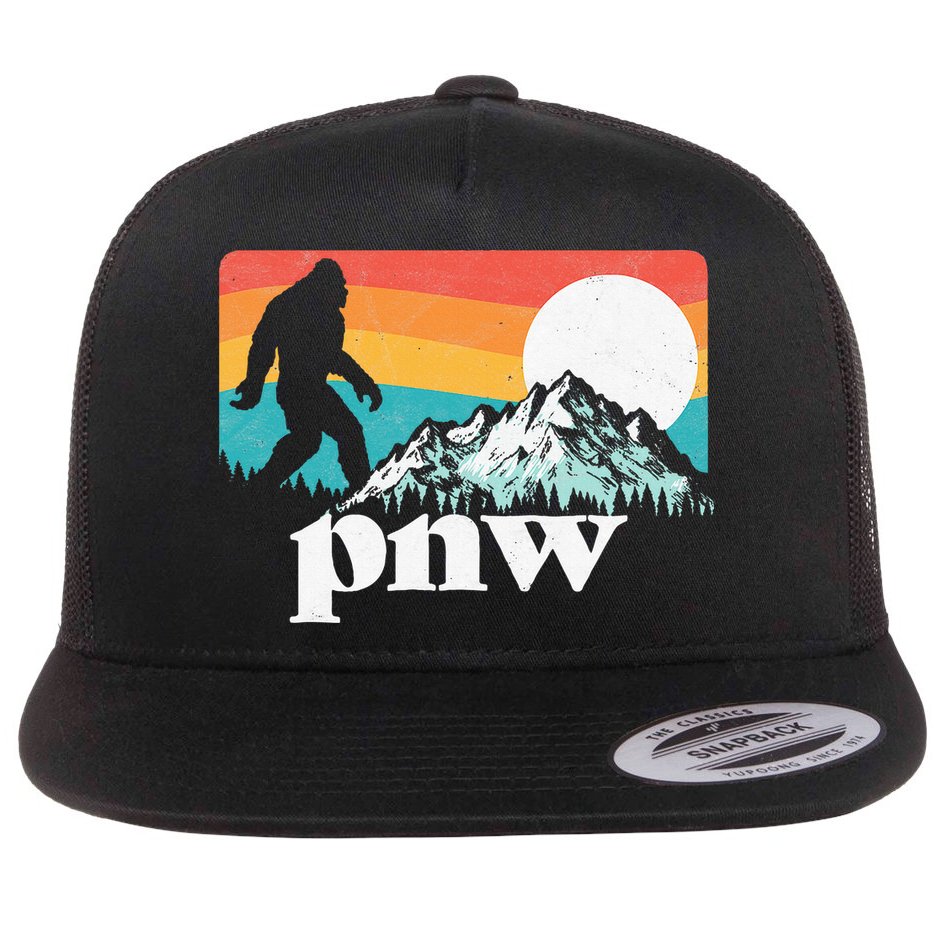 Pnw Pacific Northwest Bigfoot Mountains Retro 80s Graphic Flat Bill Trucker Hat
