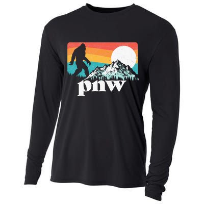 Pnw Pacific Northwest Bigfoot Mountains Retro 80s Graphic Cooling Performance Long Sleeve Crew