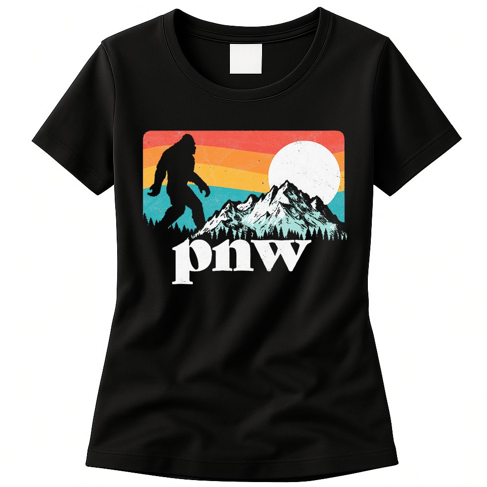 Pnw Pacific Northwest Bigfoot Mountains Retro 80s Graphic Womens T-Shirt
