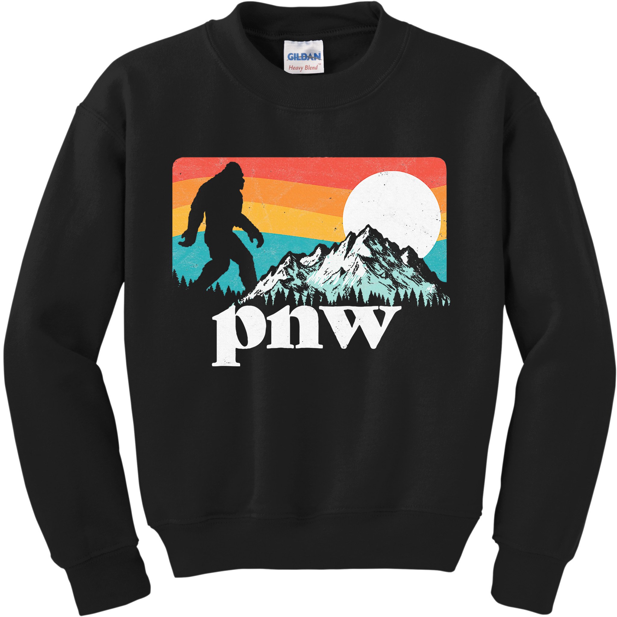Pnw Pacific Northwest Bigfoot Mountains Retro 80s Graphic Kids Sweatshirt