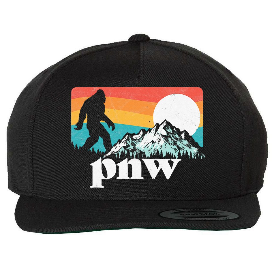 Pnw Pacific Northwest Bigfoot Mountains Retro 80s Graphic Wool Snapback Cap