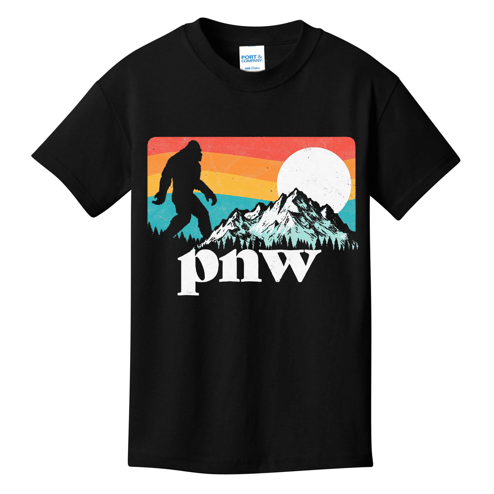 Pnw Pacific Northwest Bigfoot Mountains Retro 80s Graphic Kids T-Shirt