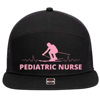 Pink Pediatric Nurse Heartbeat And Skier For Ski Lovers Meaningful Gift 7 Panel Mesh Trucker Snapback Hat