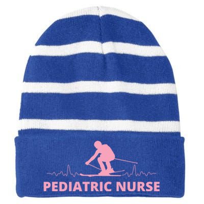 Pink Pediatric Nurse Heartbeat And Skier For Ski Lovers Meaningful Gift Striped Beanie with Solid Band