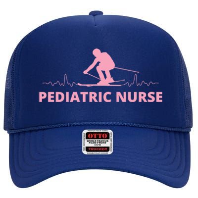 Pink Pediatric Nurse Heartbeat And Skier For Ski Lovers Meaningful Gift High Crown Mesh Back Trucker Hat