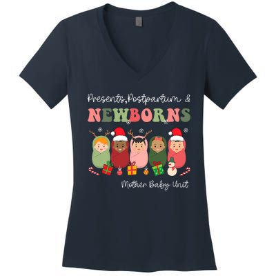 Presents Postpartum & Newborns Mother Baby Nurse Christmas Women's V-Neck T-Shirt