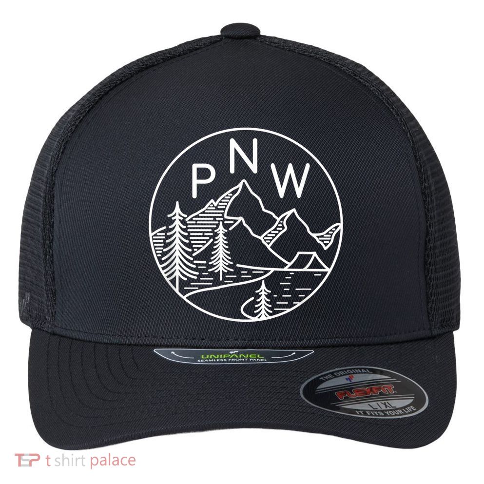PNW Pacific Northwest Outdoors Trees Mountain Flexfit Unipanel Trucker Cap