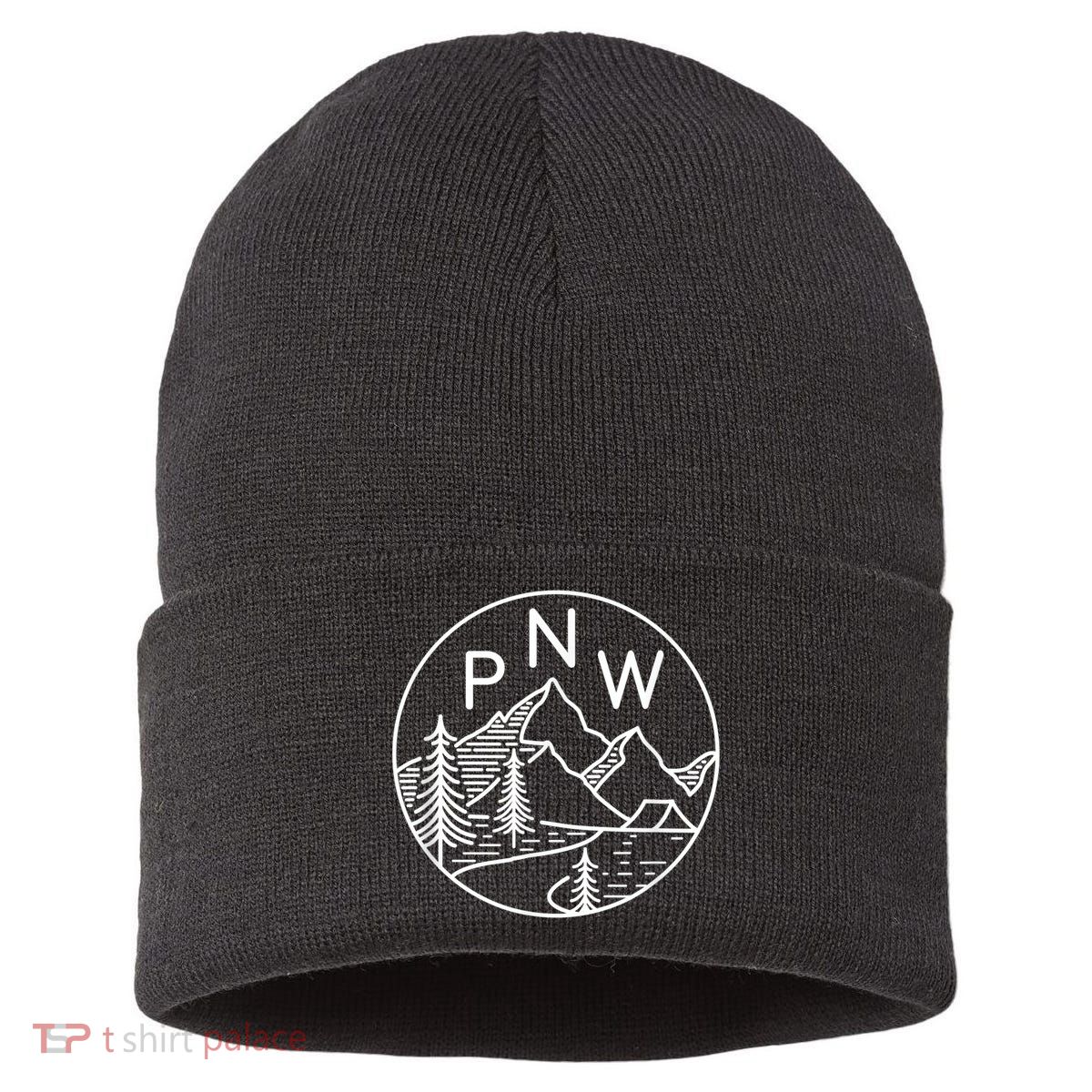 PNW Pacific Northwest Outdoors Trees Mountain Sustainable Knit Beanie