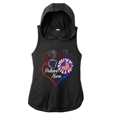 Patriotic Pediatric Nurse 4th Of July USA Flag Sunflower Ladies PosiCharge Tri-Blend Wicking Draft Hoodie Tank