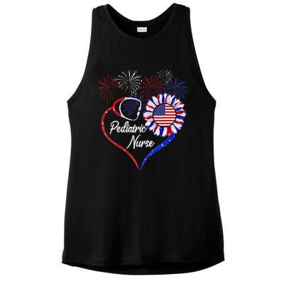 Patriotic Pediatric Nurse 4th Of July USA Flag Sunflower Ladies PosiCharge Tri-Blend Wicking Tank