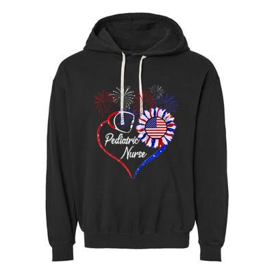 Patriotic Pediatric Nurse 4th Of July USA Flag Sunflower Garment-Dyed Fleece Hoodie