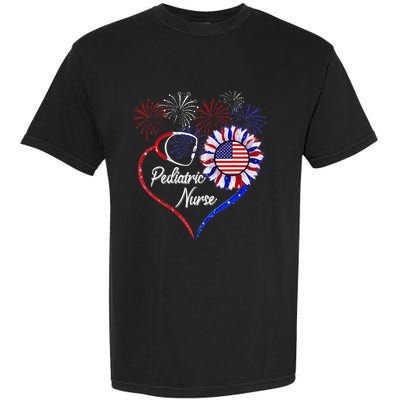 Patriotic Pediatric Nurse 4th Of July USA Flag Sunflower Garment-Dyed Heavyweight T-Shirt