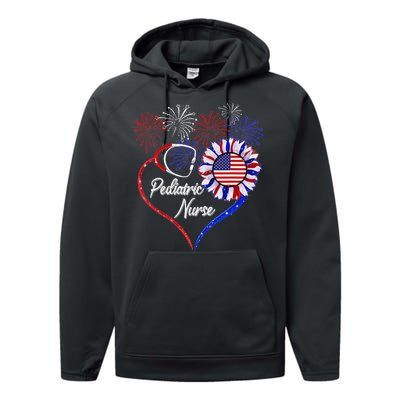 Patriotic Pediatric Nurse 4th Of July USA Flag Sunflower Performance Fleece Hoodie