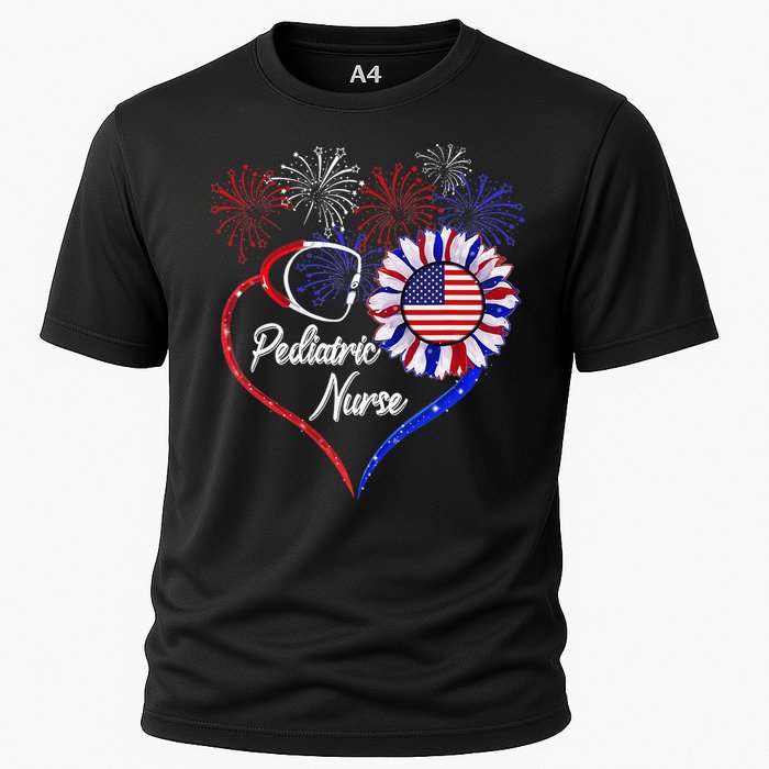 Patriotic Pediatric Nurse 4th Of July USA Flag Sunflower Cooling Performance Crew T-Shirt