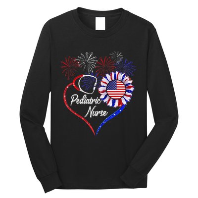 Patriotic Pediatric Nurse 4th Of July USA Flag Sunflower Long Sleeve Shirt