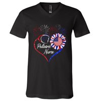 Patriotic Pediatric Nurse 4th Of July USA Flag Sunflower V-Neck T-Shirt