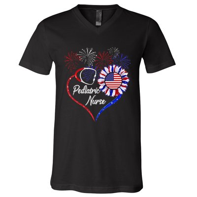 Patriotic Pediatric Nurse 4th Of July USA Flag Sunflower V-Neck T-Shirt