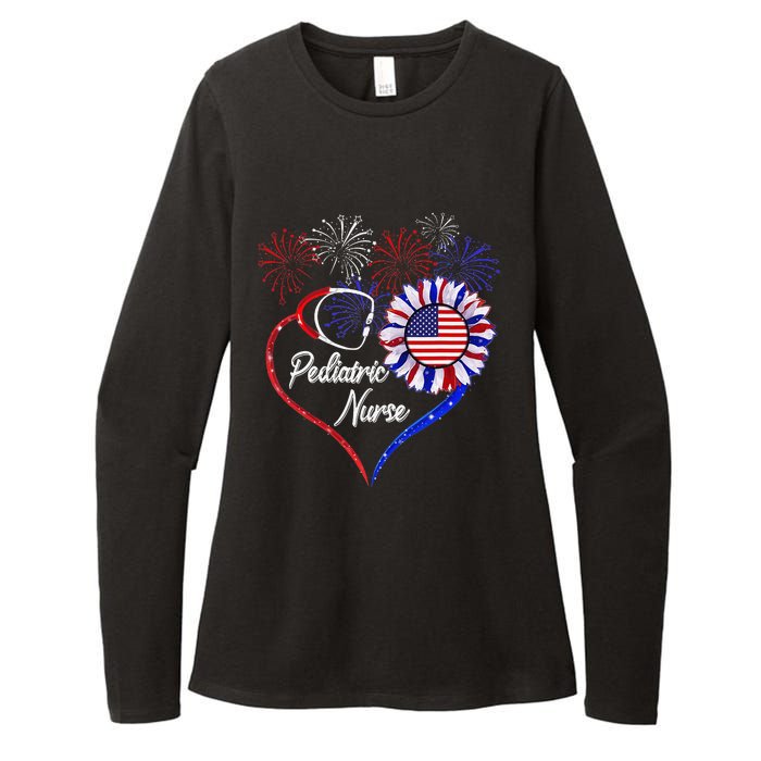 Patriotic Pediatric Nurse 4th Of July USA Flag Sunflower Womens CVC Long Sleeve Shirt