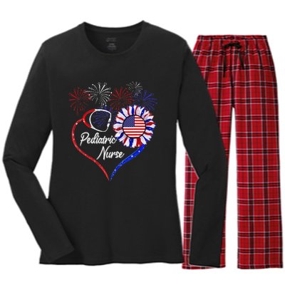 Patriotic Pediatric Nurse 4th Of July USA Flag Sunflower Women's Long Sleeve Flannel Pajama Set 