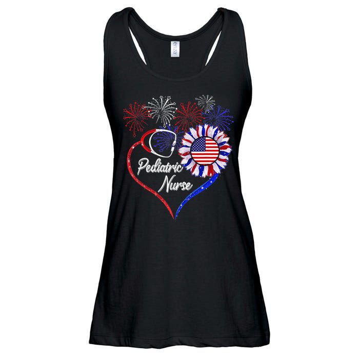 Patriotic Pediatric Nurse 4th Of July USA Flag Sunflower Ladies Essential Flowy Tank