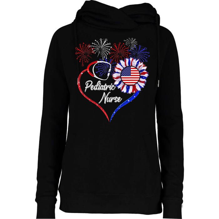 Patriotic Pediatric Nurse 4th Of July USA Flag Sunflower Womens Funnel Neck Pullover Hood