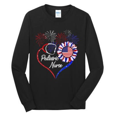 Patriotic Pediatric Nurse 4th Of July USA Flag Sunflower Tall Long Sleeve T-Shirt