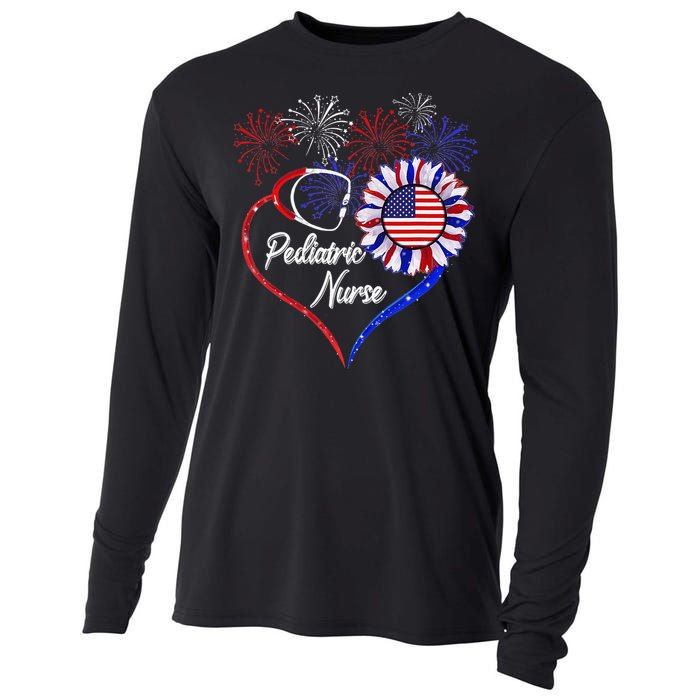 Patriotic Pediatric Nurse 4th Of July USA Flag Sunflower Cooling Performance Long Sleeve Crew