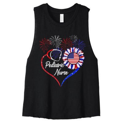 Patriotic Pediatric Nurse 4th Of July USA Flag Sunflower Women's Racerback Cropped Tank