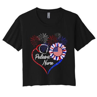 Patriotic Pediatric Nurse 4th Of July USA Flag Sunflower Women's Crop Top Tee