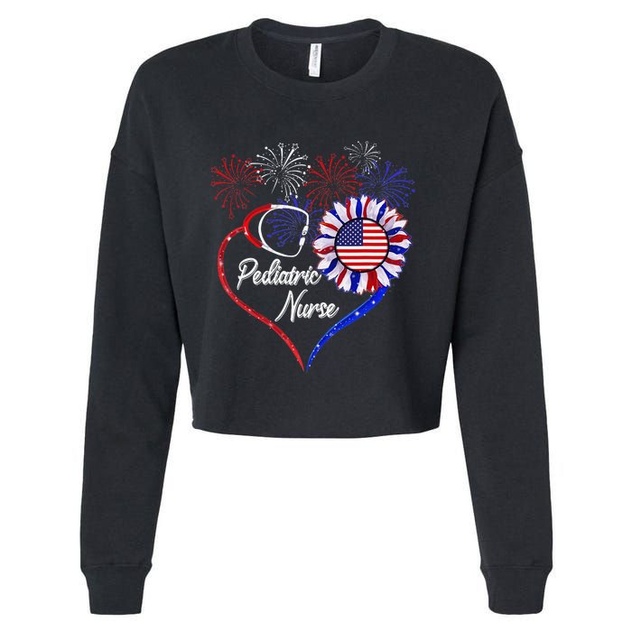 Patriotic Pediatric Nurse 4th Of July USA Flag Sunflower Cropped Pullover Crew