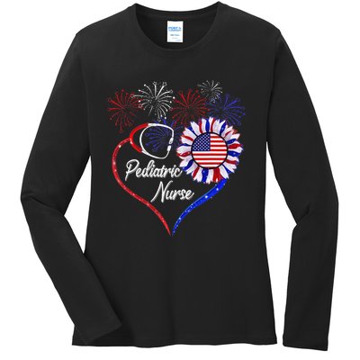 Patriotic Pediatric Nurse 4th Of July USA Flag Sunflower Ladies Long Sleeve Shirt