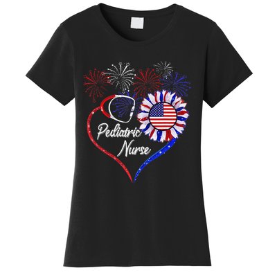 Patriotic Pediatric Nurse 4th Of July USA Flag Sunflower Women's T-Shirt