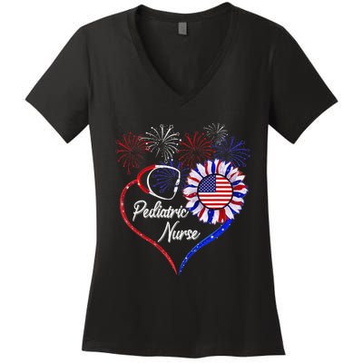 Patriotic Pediatric Nurse 4th Of July USA Flag Sunflower Women's V-Neck T-Shirt