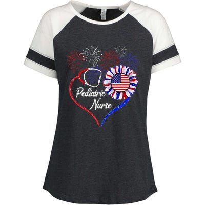 Patriotic Pediatric Nurse 4th Of July USA Flag Sunflower Enza Ladies Jersey Colorblock Tee