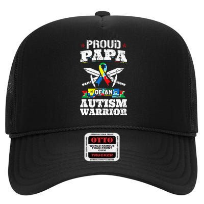 Proud Papa Of An Autism Warrior Awareness Ribbon Father High Crown Mesh Back Trucker Hat