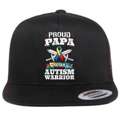 Proud Papa Of An Autism Warrior Awareness Ribbon Father Flat Bill Trucker Hat