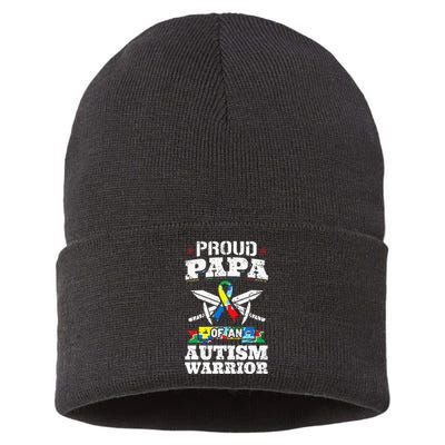 Proud Papa Of An Autism Warrior Awareness Ribbon Father Sustainable Knit Beanie