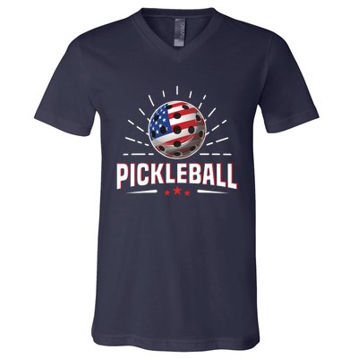 Pickleball Player Paddleball Lover Us American Flag V-Neck T-Shirt