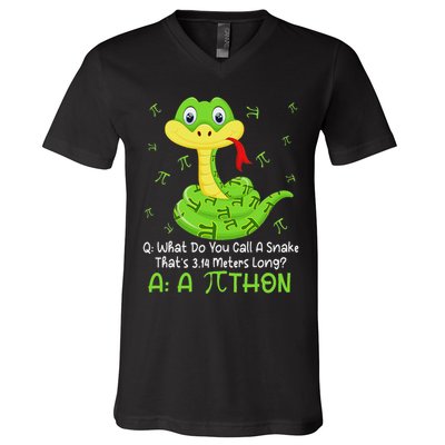 Python Pithon Pi Symbol Funny Math Teacher Pi Day V-Neck T-Shirt