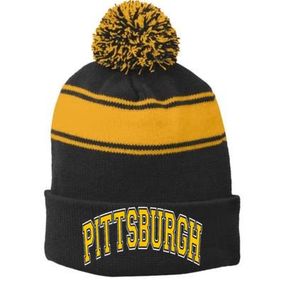 Pittsburgh Pennsylvania PA Varsity Style Amber Text Stripe Pom Pom Beanie