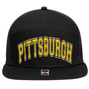 Pittsburgh Pennsylvania PA Varsity Style Amber Text 7 Panel Mesh Trucker Snapback Hat