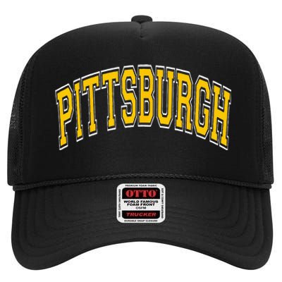 Pittsburgh Pennsylvania PA Varsity Style Amber Text High Crown Mesh Back Trucker Hat