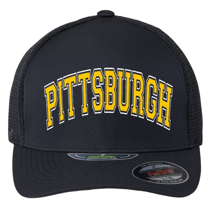 Pittsburgh Pennsylvania PA Varsity Style Amber Text Flexfit Unipanel Trucker Cap