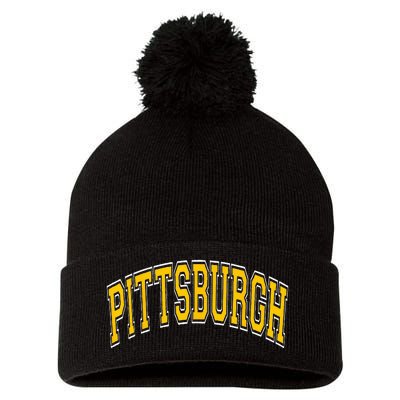 Pittsburgh Pennsylvania PA Varsity Style Amber Text Pom Pom 12in Knit Beanie