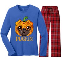 Pugkin Pug Pumpkin Halloween Thanksgiving Women Dog Women's Long Sleeve Flannel Pajama Set 