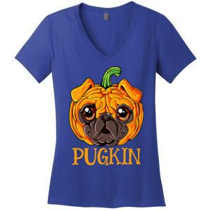 Pugkin Pug Pumpkin Halloween Thanksgiving Women Dog Women's V-Neck T-Shirt