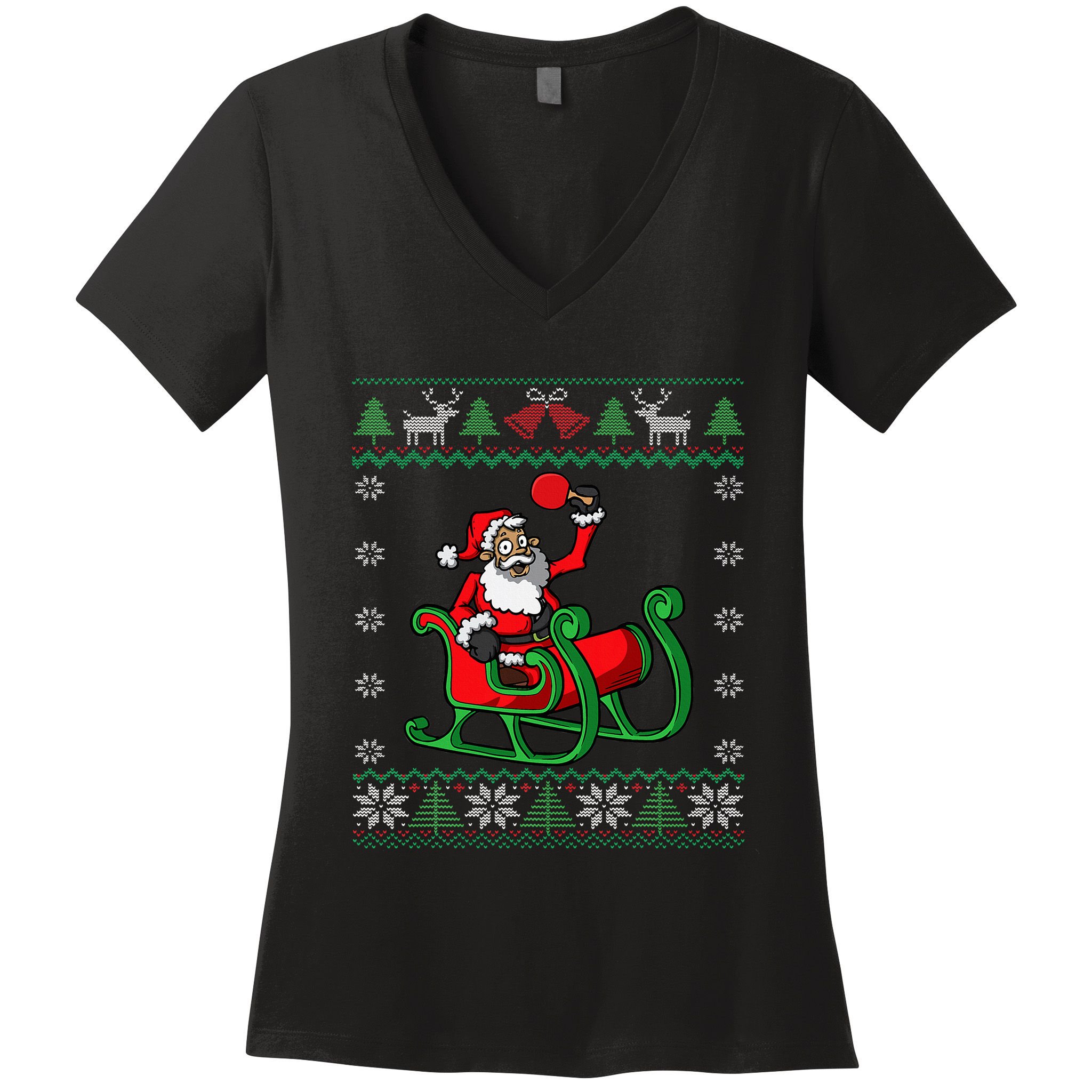 Ping Pong Player Santa Claus Table Tennis Ugly Christmas Women's V-Neck T-Shirt