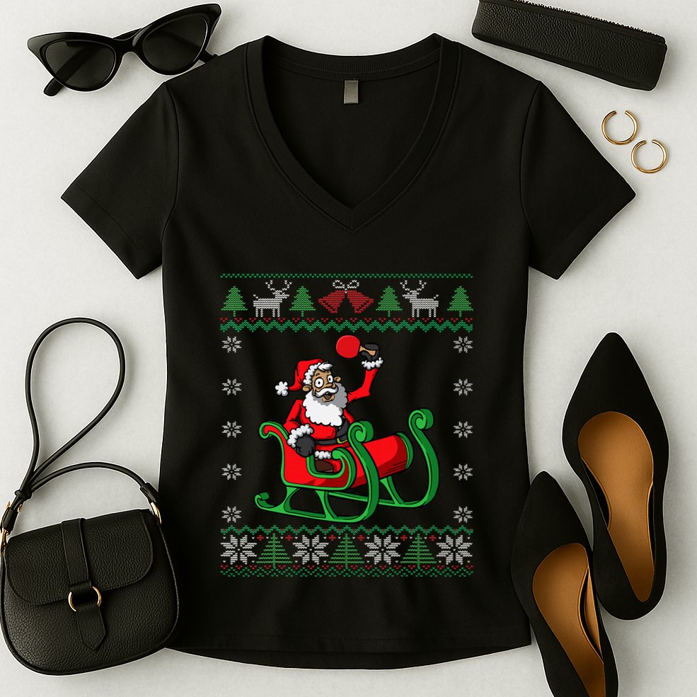 Ping Pong Player Santa Claus Table Tennis Ugly Christmas Women's V-Neck T-Shirt