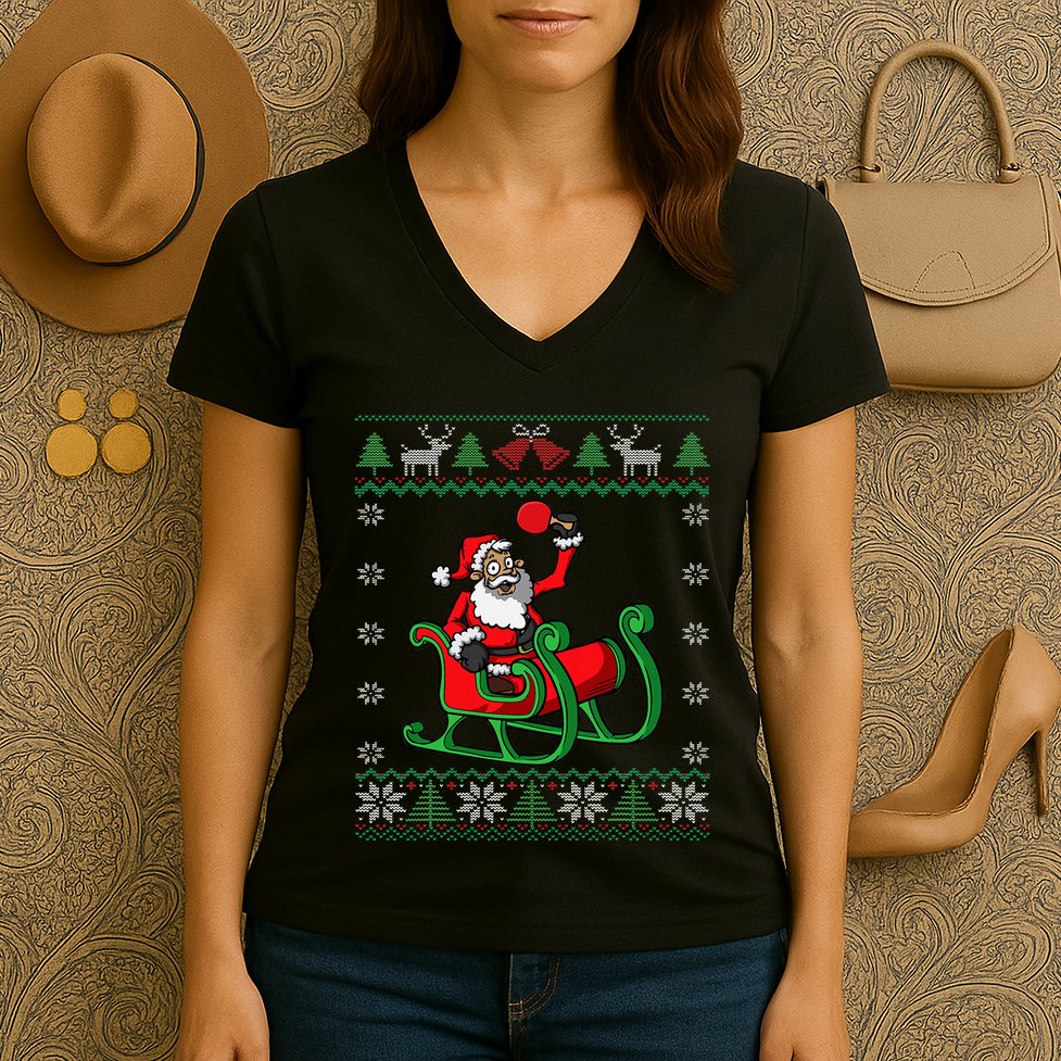 Ping Pong Player Santa Claus Table Tennis Ugly Christmas Women's V-Neck T-Shirt