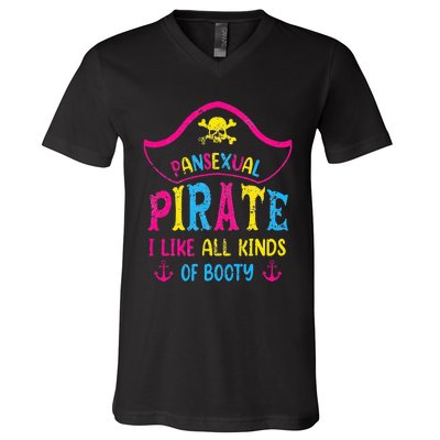 Pansexual Pride Pirate LGBTQ Month Pans Flag Colors Funny V-Neck T-Shirt